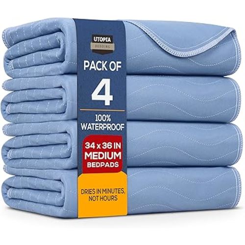 Utopia Bedding Washable Underpads 34" x 36" (Pack of 4), Waterproof Reusable Heavy Absorbency Incontinence Bed Pads for Adults, Kids, Elderly and Pets, Bedwetting Pads for Sofa and Couch (Blue)