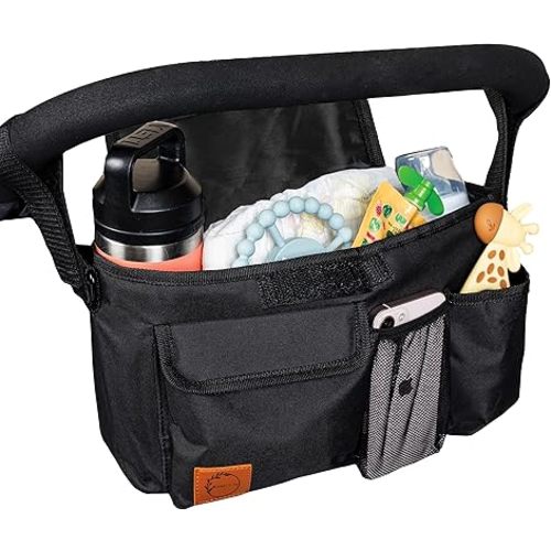 Bindii & Va Universal Stroller Organizer With Cup Holder | Large Capacity Stroller Caddy | Non-Slip Secure Hooks Accessories | Stroller Attachment | Fits Most Strollers (Black)