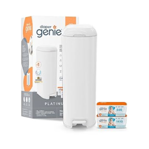 Diaper Genie Platinum Pail Gift Set, Lily White, Made of Durable Stainless Steel and Includes 2 Easy Roll Refills with 18 Bags and 30 Bags