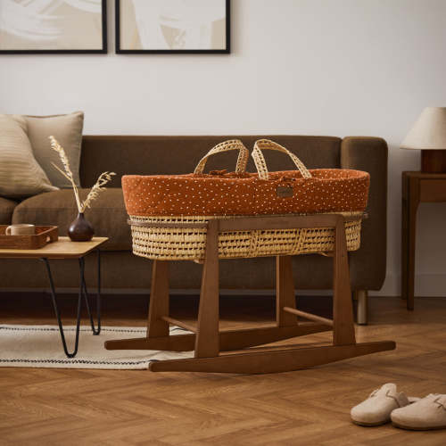 Natural Quilted Rice Moses Basket, Mattress & Walnut Rocking Stand