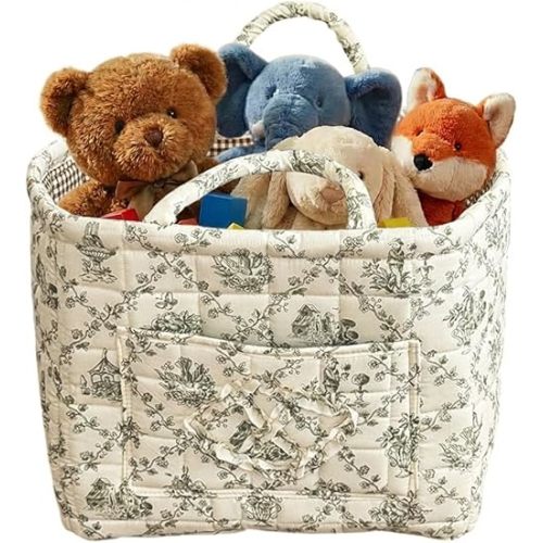 Quilted Fabric Storage Basket Collapsible Boho Floral Laundry Hamper Storage for Nursery Bedroom & Living Room | Organize Clothes Toys (Green French Country)
