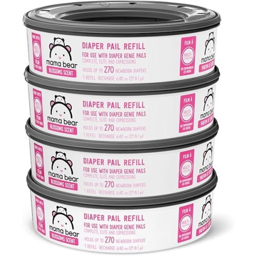 Amazon Brand - Mama Bear Blossoms Scented Diaper Pail Refills for Diaper Genie Pails, 1080 Count (4 Packs of 270 Count)