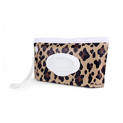 Itzy Ritzy Travel Wipes Case - Reusable Wipe Pouch – Take & Travel Pouch Holds Up To 30 Wet Wipes, Includes Silicone Wristlet Strap, Leopard