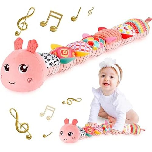 Infant Baby Musical Stuffed Animal Activity Soft Toys with Multi-Sensory Crinkle, Rattle and Textures for 0-3-6-12 Months Developmental Toys, Caterpillar, Pink