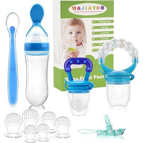 WAJIAYON Chupete alimentador de frutas para bebés, paquete de 12 | 2 chupones alimentadores de alimentos para bebés y 1 cuchara dispensadora de alimentos para bebés | Mordedores de frutas para bebés |