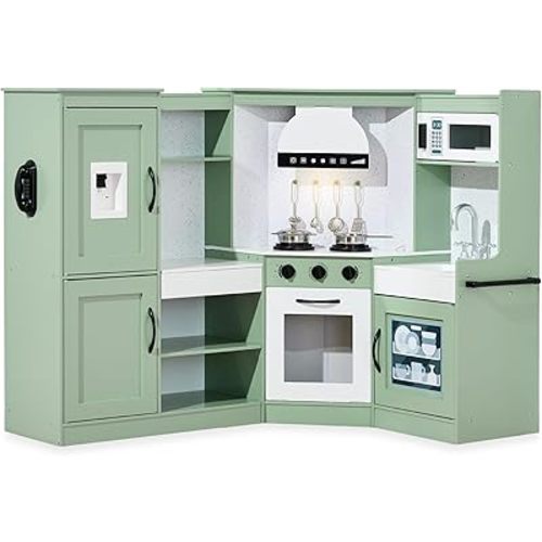Best Choice Products Pretend Play Corner Kitchen, Ultimate Interactive Wooden Kids Playset w/Lights & Sounds, Ice Maker, Hood - Sage
