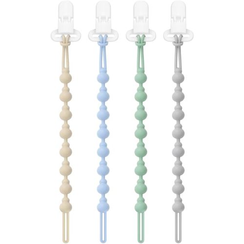 BEBOAN Silicone Pacifier Holder Clips for Baby Boys and Girls, 4 Pack One Piece Soft Flexible Binky Clips, Newborn Teething Paci Leash Straps, Teething Relief Toys Gift Baby Newborn Essentials