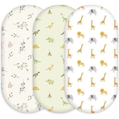 Baby Bassinet Sheets - 3 Pack Breathable Cradle Bassinet Mattress Sheets for Newborns Universal Fit for Hourglass, Oval, Rectangle Mattresses (32" x 16") Dinosaur Elephant