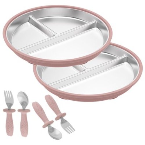 Grusce 2 Sets Stainless Steel Baby Suction Plate with Spoons and Forks Set, Toddler Utensils Baby Feeding Set, Divided Plates for Baby Led Weaning Supplies, BPA-Free