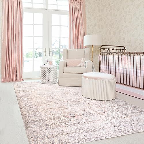 Nursery Rug Girl Pink Area Rug 6x9 Washable Rug Non Slip Soft Baby Nursery Rug Neutral Living Room Rug Kids Bedroom Rug, Pink and Grey