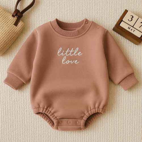 Little Love Baby Romper – Cozy Unisex Long Sleeve Jumpsuit – Embroidered Fall/Winter Outfit – Warm Baby Clothes for Autumn or Winter