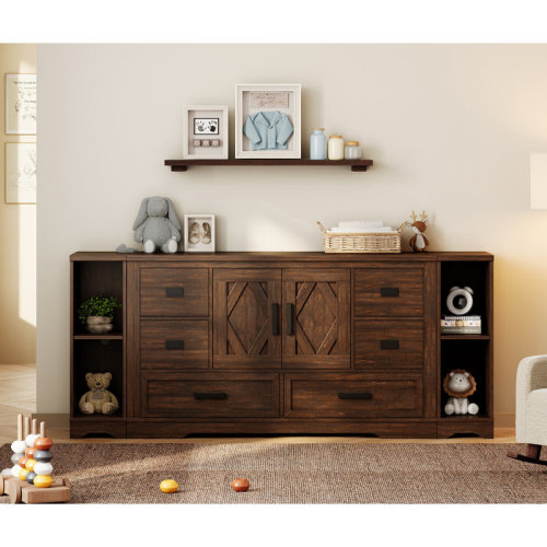 Winston Porter Modern Farmhouse Wooden Dresser Combo With 6 Drawers And Open Storage Shelves For Kids | Wayfair