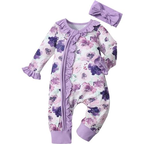 Infant Newborn Baby Girl Clothes Onesies for Baby Girl Long Sleeve Ruffle Baby Clothes with Headband Baby Clothes for Girls