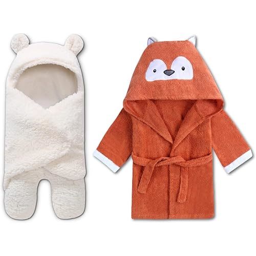 BlueMello Baby Swaddle Blanket & Fox Bathrobe Bundle | Ultra-Soft Plush Essential for Infants 0-6 Months | Ideal Newborn Registry and Toddler Boy Accessories| Perfect Baby Girl Shower Gift