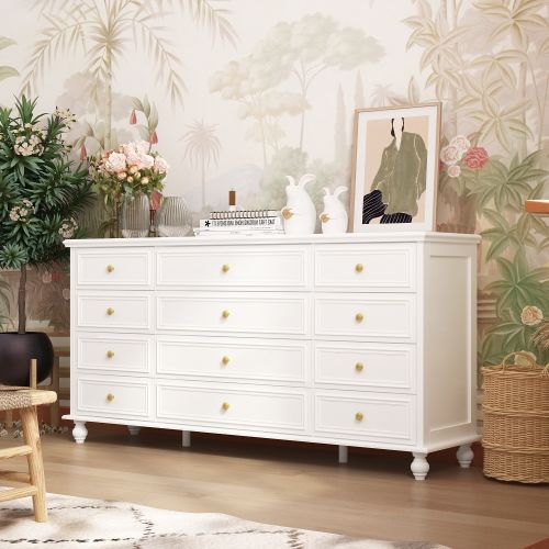 Modern Farmhouse 9/12 Drawer Double Dresser, 63 Inch Wide Bedroom Storage Dresser with Gold Hardware, White / Black Finish