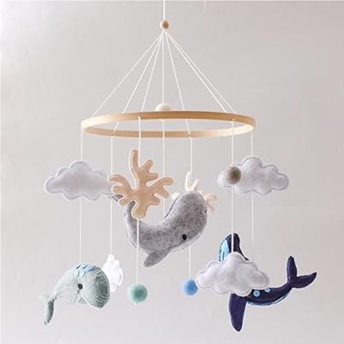 Baby Mobile for Crib丨Baby Nursery Mobiles丨Handmade Felt Ocean Animal Mobile for Crib Baby Boys and Girls丨Woodland Nursery Decor for Infant Bedroom Hanging丨 Gender Neutral Baby Stuff(Whales)