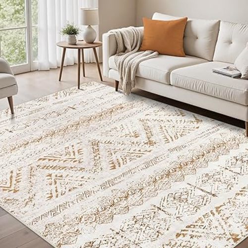 Area Rug Living Room Carpet: 5x7 Large Moroccan Soft Fluffy Geometric Washable Bedroom Rugs Dining Room Home Office Nursery Low Pile Decor Under Kitchen Table Light Brown/Ivory