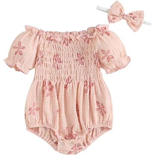 Kupretty Newborn Infant Baby Girl Summer Clothes Vintage Floral Romper Square Neck Short Sleeve Bodysuit Jumpsuit