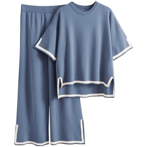 Tanming Sweater Sets Women 2 Piece Lounge Sets Short Sleeve Knit Pullover Tops Wide Leg Pants
