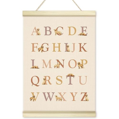 Alphabet ABC Chart Poster Hanger Frame, Golden Retriever Wooden Canvas Art Print, Positive Wall Art for Homeschool Preschool Classroom Kid Room Nursery Playroom Home Decor 12x16in -32