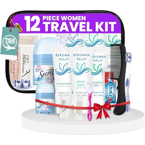 Trektote Travel Toiletry Kit For Women – 12 Piece Set Of Travel Size Toiletries, TSA Compliant, Travel Essentials, Includes Shampoo And Conditioner, Body Wash, Toiletry Bag & More (12 Piece Set)