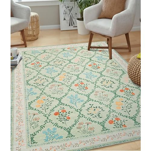 YIHOUSE 5x7 Washable Rug for Bedroom, Green Floral Rugs for Living Room Non Slip Ultra-Thin Large Boho Rug for Kids Playroom, Classroom, Girls Dorm, Nursery, Green Multi