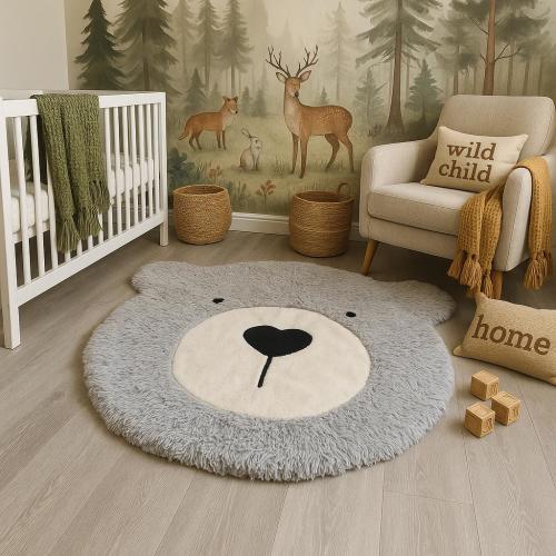 Gray Bear Nursery Rug – Shaggy Minky Baby Play Mat for Kids Room, Woodland Decor with Matching Pillow, Basket or Wall Head