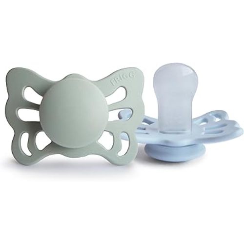 FRIGG Butterfly Anatomical SilkySoft - Chupete de silicona para bebé, fabricado en Dinamarca, sin BPA (salvia/azul polvo, 0-6 meses)