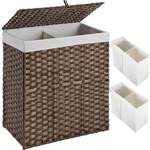 Greenstell Laundry Hamper with lid, No Install Needed, 110L Wicker Laundry Baskets Foldable 2 Removable Liner Bags, 2 Section Clothes Hamper Handwoven Rattan Laundry Basket with Handles, Brown