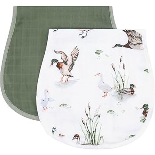 LifeTree Muslin Baby Burp Cloths - 2 Pack 70% Viscose from Bamboo and 30% Cotton Large 22'' by 10'' Absorbent Milk Spit Up Rags - Burping Cloths for Newborn, Girls Boys, MallardDuck & Olive