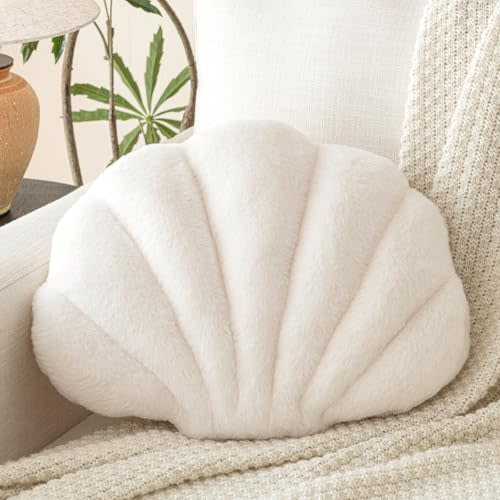 Znhinery Shell Pillow, Seashell Throw Pillow with Soft Rabbit Plush for Couch Bed, Shell Shaped Decorative Ocean Pillow Stylish Beach Cushion Room Decor Aesthetic for Bedroom Livingroom
