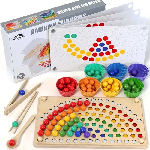 Toddler Wooden Learning Montessori Toys – Wooden peg Board Bead Game Baby Rainbow Stacking Matching Counting Color Sorting Games for fine Motor Math Skills Boys and Girls for 3 4 5 Years Old