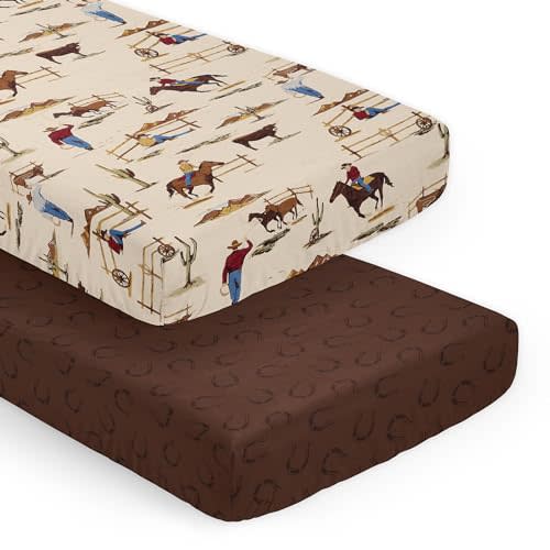 Sweet Jojo Designs Tan Brown Western Cowboy Boy Baby Fitted Crib Sheet Set Infant Newborn Nursery Toddler Bed Room Standard Mattress 2p Wild West Horseshoe Country Horse Steer Cow Animal Tan Red Blue