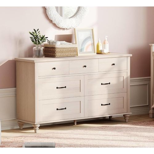 WAMPAT Beige Baby Dresser with 7 Drawers, Kids Dresser Wooden Dresser for Kids Room, Dresser Cabinet Storage Organizer for Bedroom, Children's Bedroom & Nursery