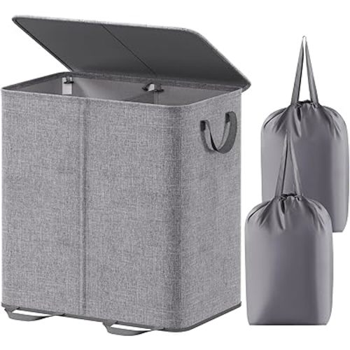 Lifewit Double Laundry Hamper with Lid and Removable Laundry Bags, Large Collapsible 2 Dividers Dirty Clothes Basket with Handles for Bedroom, Laundry Room, Closet, Bathroom, College, 136L Grey