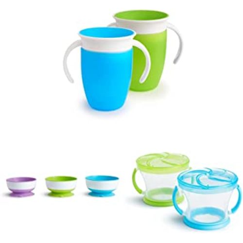 Munchkin® Miracle® 360 Trainer Cup, 7 Ounce, 2 Pack, Green/Blue & Stay Put Suction Bowls for Babies and Toddlers, 3 Pack, Blue/Green/Purple & ® Snack Catcher®, 2 Pack, Blue/Green