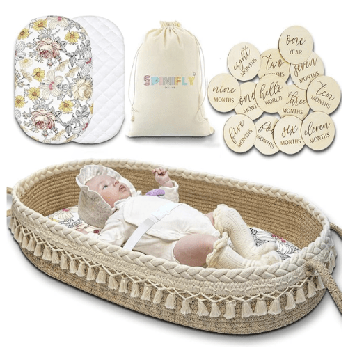 Baby Changing Basket Kit - Macrame Boho Moses Basket for Babies, Handmade 100% Cotton, Woven Portable Nursery Decor, Waterproof Pad & Floral Pad, Milestone Cards, Changing Table Topper for Dresser