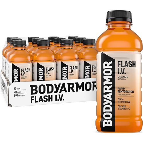 BODYARMOR Flash I.V. Electrolyte Beverage, Orange, Hydration Drink with Coconut Water For Rapid Rehydration, Post Workout Recovery, 20 Fl Oz (Pack of 12)