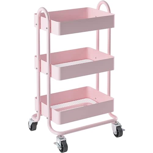 Elitehouse 3-Tier Utility Rolling Cart,Kitchen Storage Carts with Wheels,Pink Metal Rolling Cart for Office,Home,Kitchen,Garden(13.4"x18.1"x31") Pink