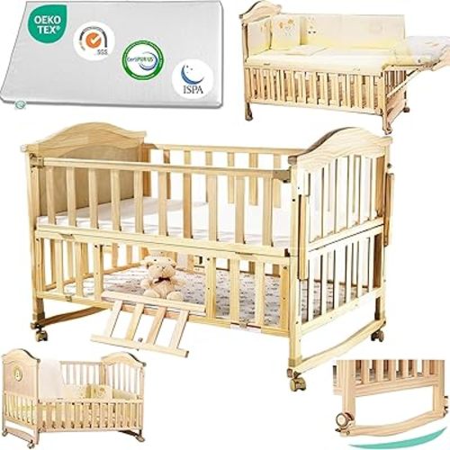 Portable Mini Baby Crib 4 in 1 Convertible with Memory Foam Mattress(38" by24) Included,cunas para Bebes 2025 Natural Wood Small Crib with Foldable Storage Baby Playpen Bedside Sleeper Beds
