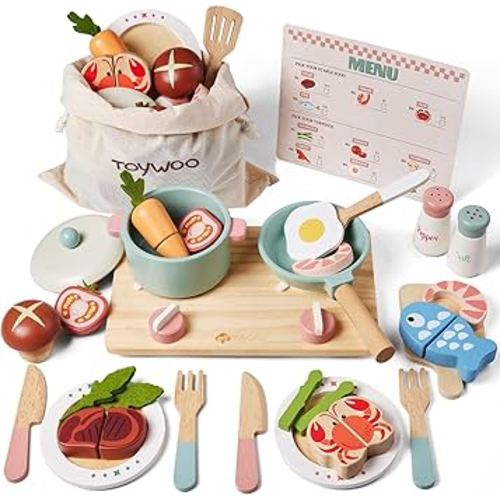Wooden Play Kitchen Accessories Pretend Toy Pots and Pans Sets for Kids Kitchen Playset with Toy Stove Toddler Cooking Sets Food Toys for Toddlers 3-5 Gifts for Girls Boys (Wooden Cooking Set)