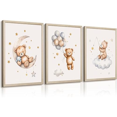 Teddy Bear Nursery Wall Art Decor Baby Boy Girl Room Poster Vintage Nursery Canvas Wall Decor Toddler Kids Room Pictures Cute Bear Neutral Artwork for Bedroom Playroom 16x24 Framed Set of 3