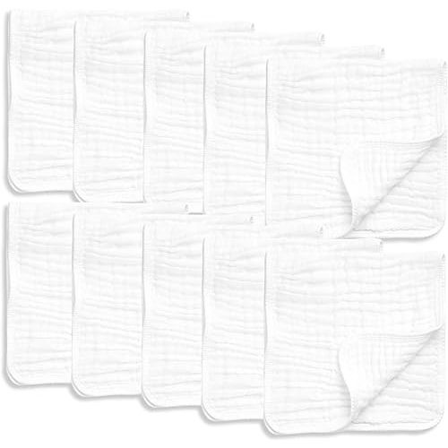 AllSett Health 10 Pack Muslin Burp Cloths Large 20" by 10" 100% Cotton, Hand Wash Cloth 6 Layers Extra Absorbent and Soft White