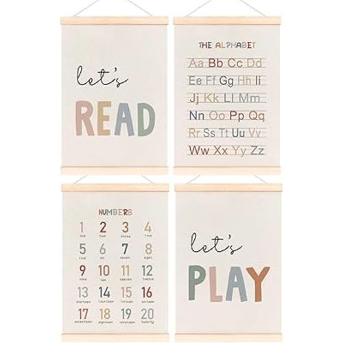 laveliabel Alphabet Numbers Poster Hanger Frame Set of 4, Alphabet ABC Banner Poster with Wood Hanger, Nursery Kids Playroom Wall Decor, Play Sign Wall Art Decor for Toddler Nursery Playroom, 12x16in
