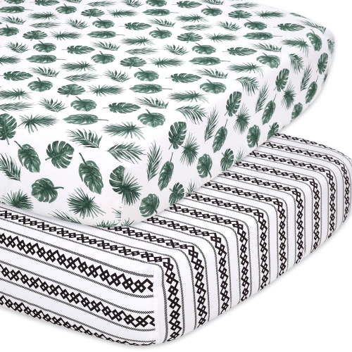 The Peanutshell Black, Green Botanical Microfiber Fitted Sheets, Crib Bed, (2 Pieces)