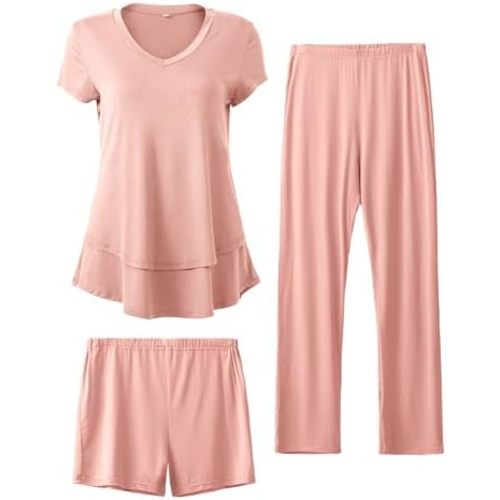 SUNNYBUY 3 PCS Maternity Breastfeeding Pajamas Set, Hidden Nursing Tops, Adjustable Pregnancy Shorts & Pants Postpartum PJS