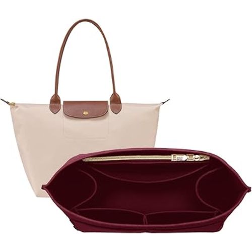 OPPOSHE Purse Organizer Insert for Longchamp Le Pliage, Premium Felt Long Champ Bag Handbag Women, Tote Organizer Insert with 9 Compartments (Large, Dark Red)