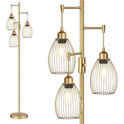 Dimmable Industrial Floor Lamps for Living Room, Gold Tree Standing Tall Lamps with 3 Elegant Teardrop Cage Head & 800 Lumens LED Bulbs for Bedroom Office