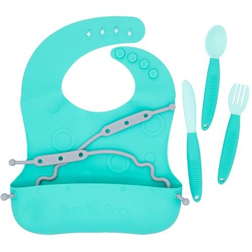 BUSY BABY Bungee Bib & Utensil Set – Adjustable Silicone Bib with Pocket & Tethered Utensils for Babies & Toddlers