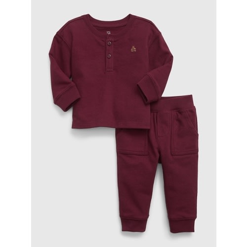Baby Waffle Henley Outfit Set in deep garnet red, size: 0-3 M